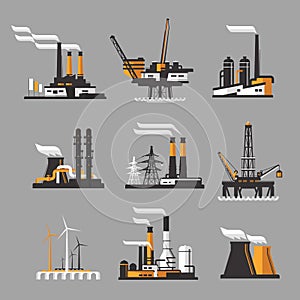 Industrial factory icons on gray background