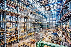 Interior of large factory. Scaffolding and structure of a large industrial factory or manufacturing plant