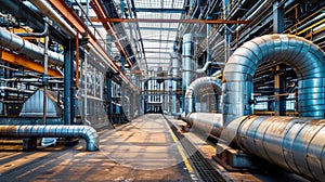 An industrial factory with large pipes and ventilation systems representing the potential for biofuel byproducts to be
