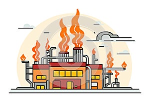Industrial factory with orange buildings and multiple smokestacks emitting flames. Simplified colorful plant with pipes