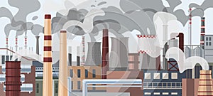 Industrial factory pipes, chimneys illustration. Power plant with smoke clouds panorama. Global warming, greenhouse