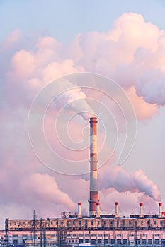 Industrial factory pipes emission carbon gases in atmosphere. Industry zone