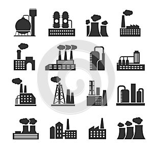 Industrial factory and plant buildings vector icons set