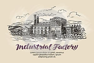 Industrial factory, plant sketch. Vintage building vector illustration