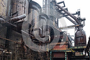 Industrial factory plant, valves of blast furnace, heavy steel manufacturing technology rusty old