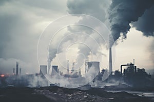Industrial factory pollution, smokestack exhaust gases, bad atmosphere