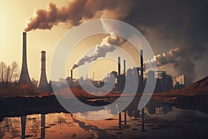 Industrial factory pollution, smokestack exhaust gases, bad atmosphere