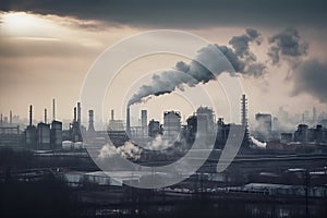 Industrial factory pollution, smokestack exhaust gases created by generative AI
