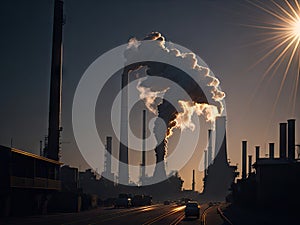 Industrial factory pollution smokestack in sunset. ai generative