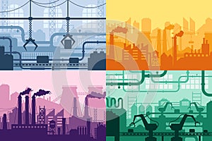 Industrial factory silhouette. Manufacture industry interior, manufacturing process and factories machines vector background set