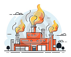 Industrial factory with smokestacks emitting fire and smoke. Pollution and environmental hazard concept. Air pollution