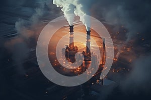 Industrial factory tall smokestacks released smoky emissions from smoke pipes. CO2 greenhouse gas, deteriorating air quality, air