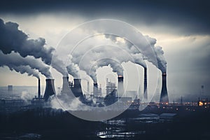 Industrial factory tall smokestacks released smoky emissions from smoke pipes. CO2 greenhouse gas, deteriorating air quality, air