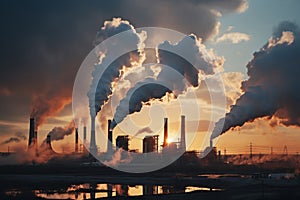 Industrial factory tall smokestacks released smoky emissions from smoke pipes. CO2 greenhouse gas, deteriorating air quality, air