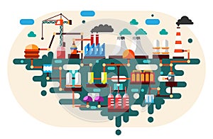Industrial factory technology process with ecology concept. Flat illustration.