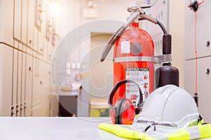 Industrial fire extinguishing system. Red tank of fire extinguisher