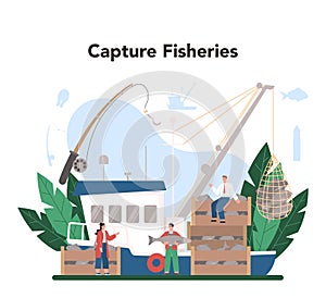 Industrial fishing concept. Capture fisheries, seafood production