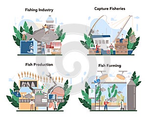 Industrial fishing concept set. Capture fisheries, seafood production