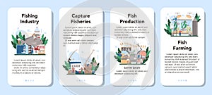 Industrial fishing mobile application banner set. Capture fisheries,