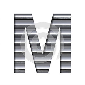 Industrial font. The letter M cut out of paper on the background of industrial ventilation grates or blinds. Set of steel