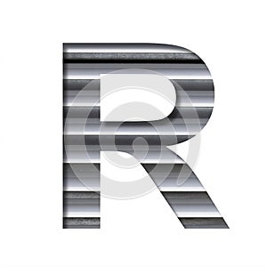 Industrial font. The letter R cut out of paper on the background of industrial ventilation grates or blinds. Set of steel