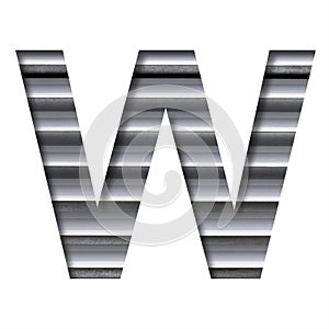 Industrial font. The letter W cut out of paper on the background of industrial ventilation grates or blinds. Set of steel