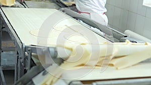 Industrial food factory or bakery.Production of confectionery products. Dough on an automatic conveyor belt, the process