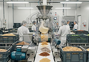 An industrial food processing facility with multiple workers in