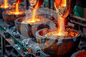 Industrial Foundry Pouring Molten Metal in Steel Factory - Manufacturing and Heavy Industry Concept