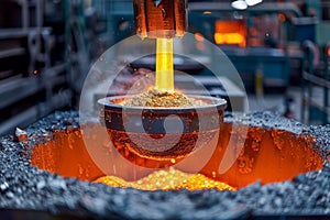 Industrial Foundry Worker Pouring Molten Metal in Steel Factory with High-Temperature Furnace