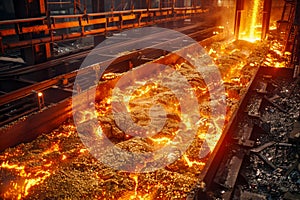Industrial Foundry Working with Hot Molten Metal, Manufacturing Process in Steel Mill, Heavy Industry