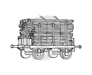 Industrial freight railroad wagon with pack of wooden boards, logistic, railway cargo transportation