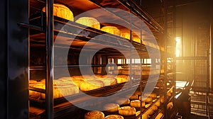 Industrial furnaces baking a large batch of bread or cakes