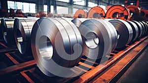 Industrial galvanized steel coil coil for sheet metal forming machine in metal fabrication plant workshop, sunlight tinted.