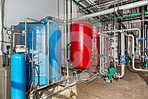 Industrial gas boiler water treatment and storage system with filters and tanks