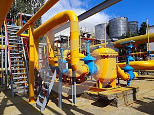 Industrial gas distribution pipeline station, yellow pipes, tubes, valve and equipment