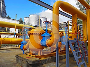 Industrial gas distribution pipeline station, yellow pipes, tubes, valve and equipment