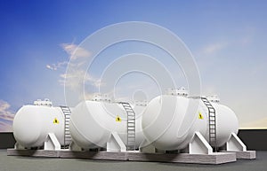 Industrial gas storage tank on background of sky. Concept of fuel storage and LNG