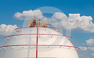 Industrial gas storage tank. LNG or liquefied natural gas storage tank. Spherical Gas reservoirs in petroleum refinery. Above- photo