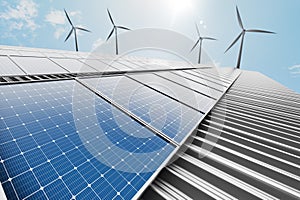 Industrial Green Energy with Solar Panels and Wind Turbine