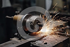 Industrial grinder cutting metal with sparks flying in the air. Cutting a cylindrical metal with a lathe grinder, AI Generated