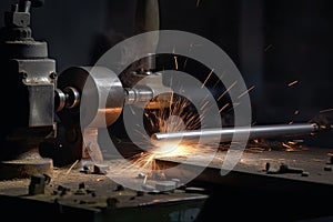 Industrial grinder cutting metal with sparks flying in the air. Cutting a cylindrical metal with a lathe grinder, AI Generated