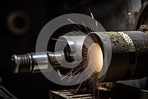 Industrial grinder working with sparks on the lathe machine. Internal grinding of a cylindrical metal part, Ai Generated