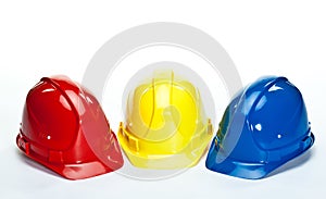 Industrial hardhats on white background