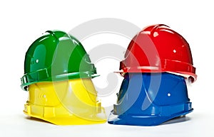 Industrial hardhats on white background