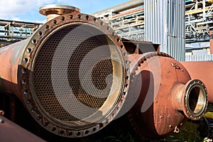 Industrial heat exchanger or boiler rusty tubes bundle. Dismantled heat exchanger shell and tubes with deposits and