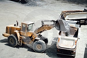 Industrial heavy duty large wheel loader moving gravel and loading dumper trucks at work site