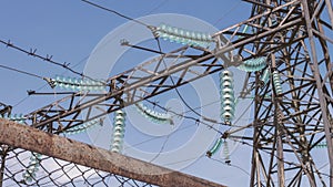 Industrial high-voltage power transformer at a power plant. Supports of high-voltage wires. Electric substation behind