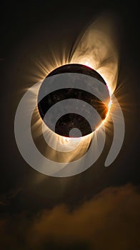 An industrial horizon is transformed as it experiences the dramatic event of a solar eclipse, with the sun's halo