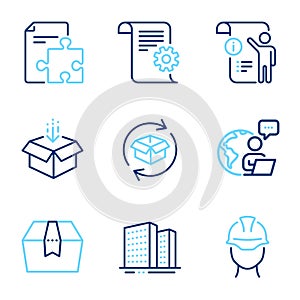 Industrial icons set. Included icon as Technical documentation, Package box, Return parcel signs. Vector